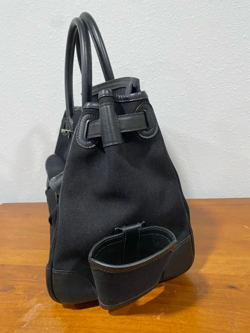 Black Leather-Trim Canvas Tote Bag with Silver Hardware - Picture 3 of 9